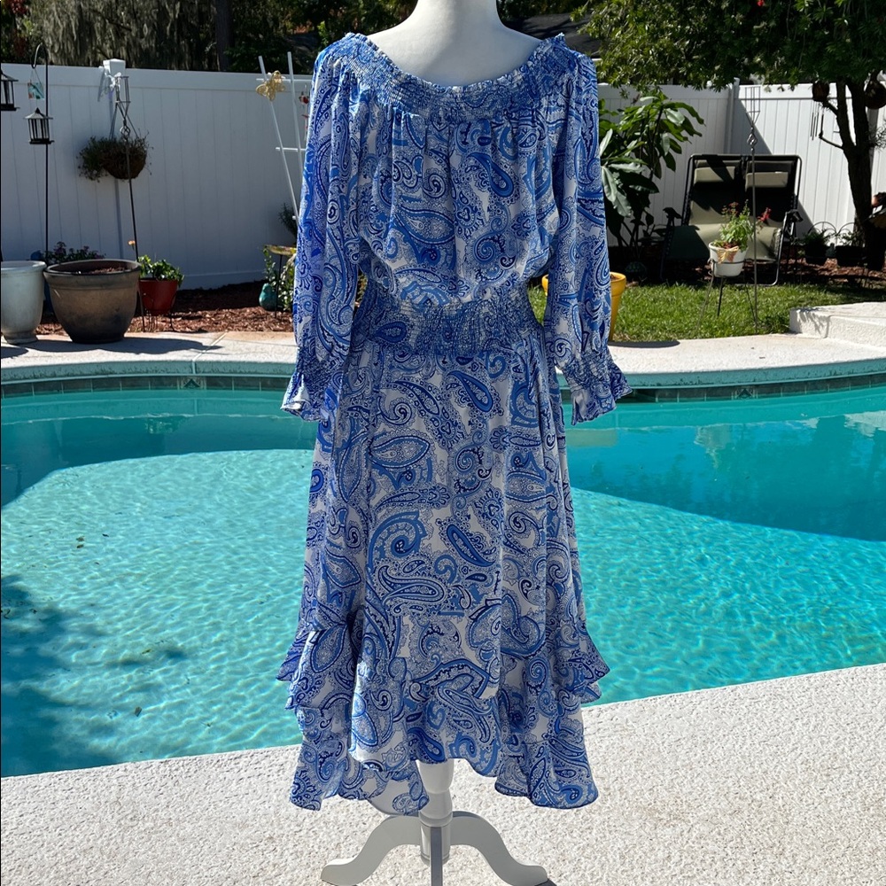 TAHARI Arthur S. Levine Off Shoulder Blue Paisley Ruffle Hem Dress SZ:14 nwot